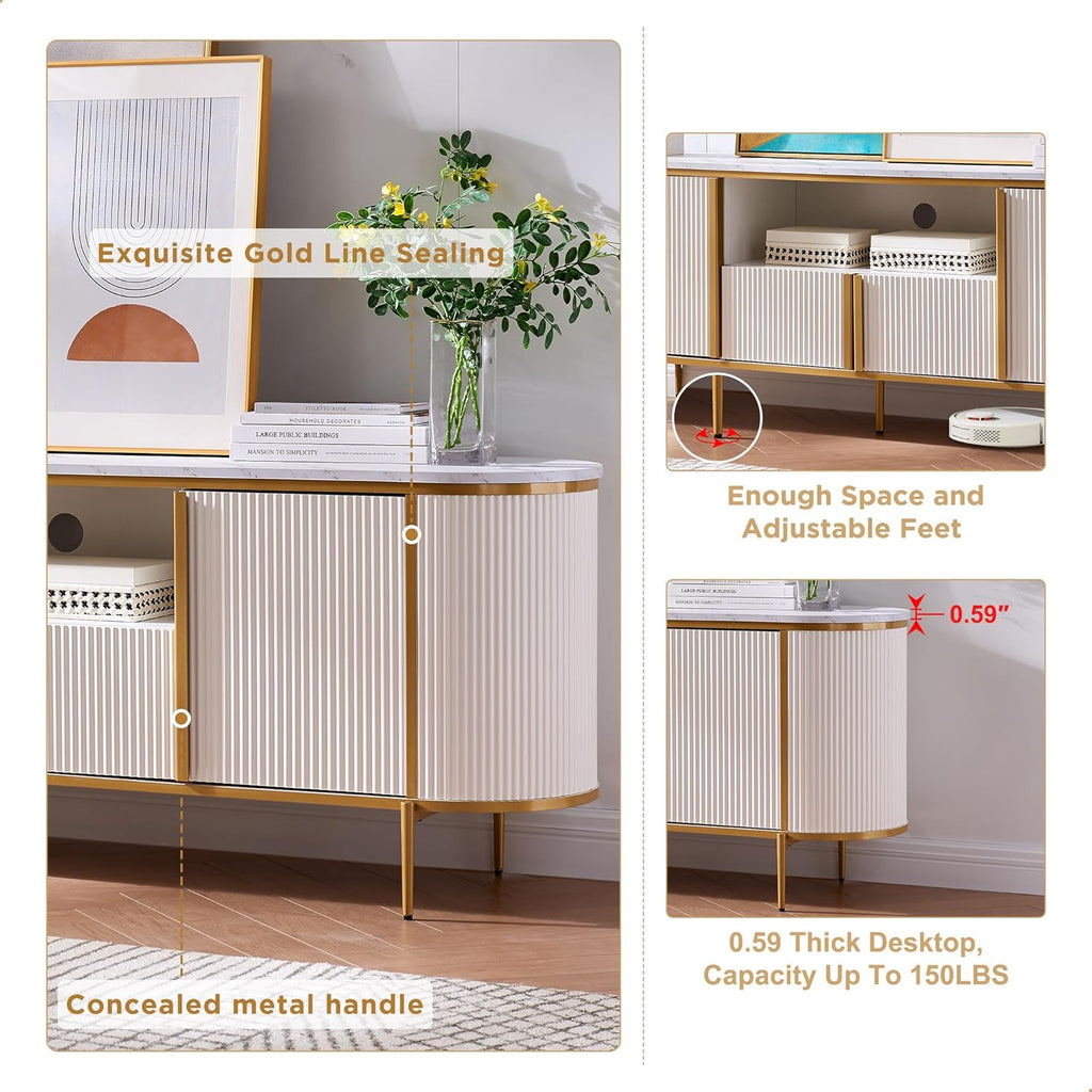 OKD 70' Fluted TV Stand with Storage, Faux Marble Top Entertainment Center for TVs Up to 80', Modern Curved Edge Media Console Cabinet for Living Room, Off White