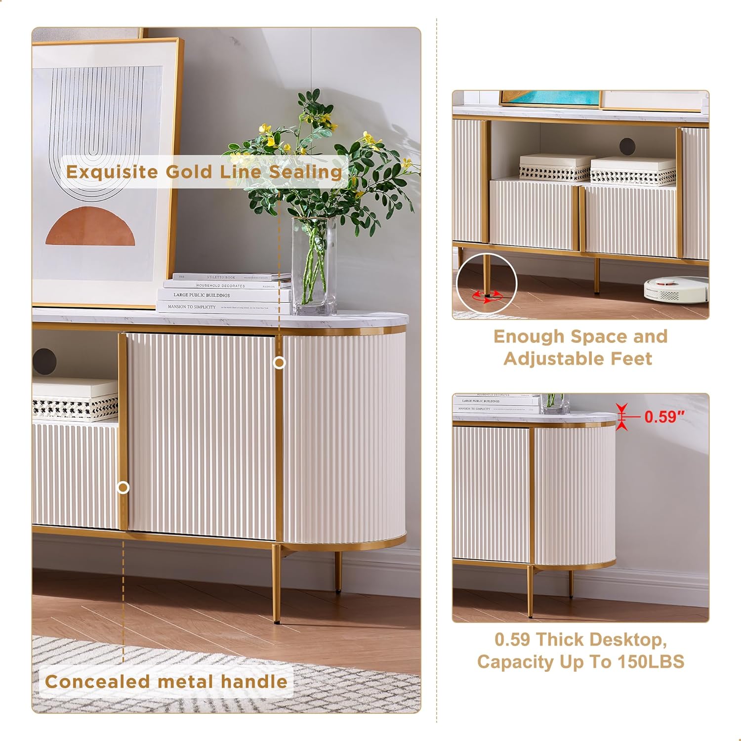 OKD 70' Fluted TV Stand with Storage, Faux Marble Top Entertainment Center for TVs Up to 80', Modern Curved Edge Media Console Cabinet for Living Room, Off White
