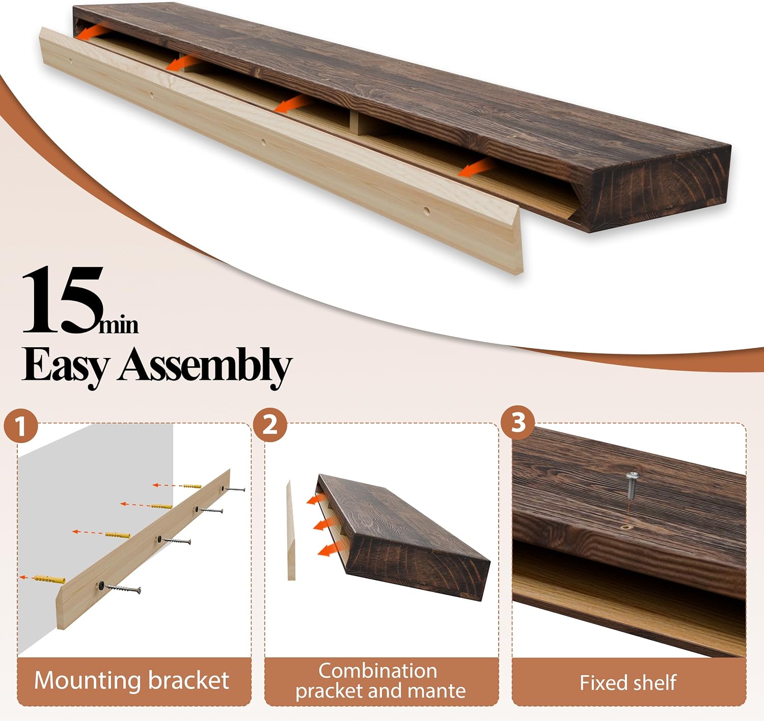 60 Inch Fireplace Mantel Shelf - 8' Deep Solid Wood Floating Mantel for Over Fireplace - 90LBS with Invisible Bracket - Handcrafted TV Decor for Livingroom & Bedroom - Charred Rustic Brown
