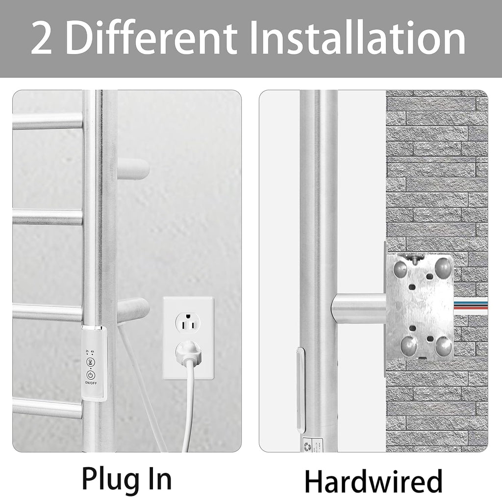 KEG Towel Warmer Wall Mounted with Built-in Timer 8 Bars Electric Stainless Steel Heated Towel Racks for Bathroom, Hot Plug-in Bath Towel Heater Brushed Nickel (TW-8-BN)