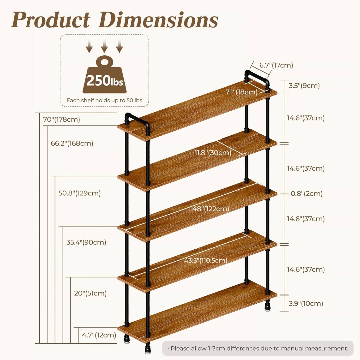 Industrial Bookshelf, Rustic Open Bookcase, 5 Tier Wood and Metal Bookshelf, Solid Pine Wood and Iron Pipe Tall Narrow Storage Shelf for Living Room Bedroom Office Kitchen