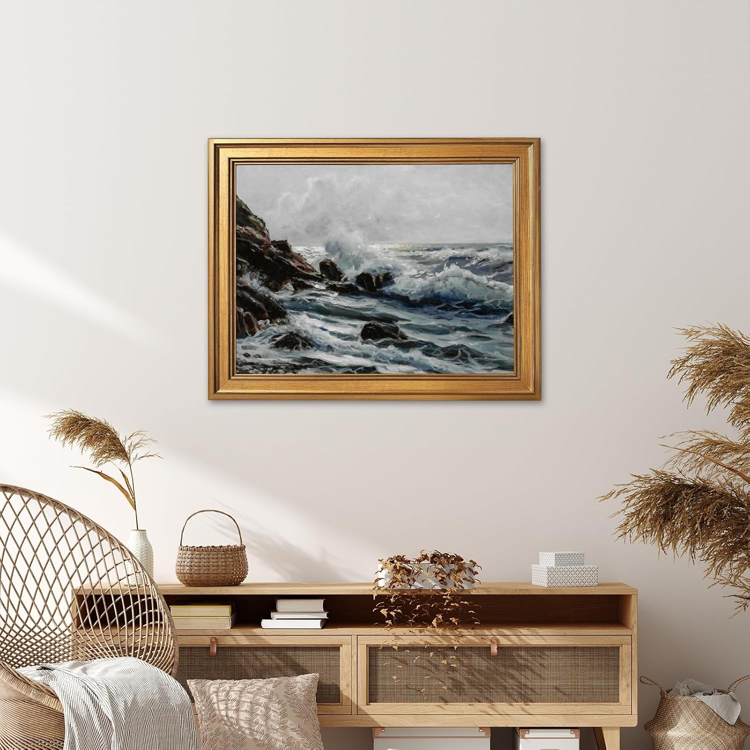 Moody Wave-Crashed Rocks Wall Art Vintage Minimalist Stormy Seascape Canvas Print Impressionist Classic Nautical Poster for Bedroom Living Room Maritime Artwork Home Wall DecorGolden frame24X36inch