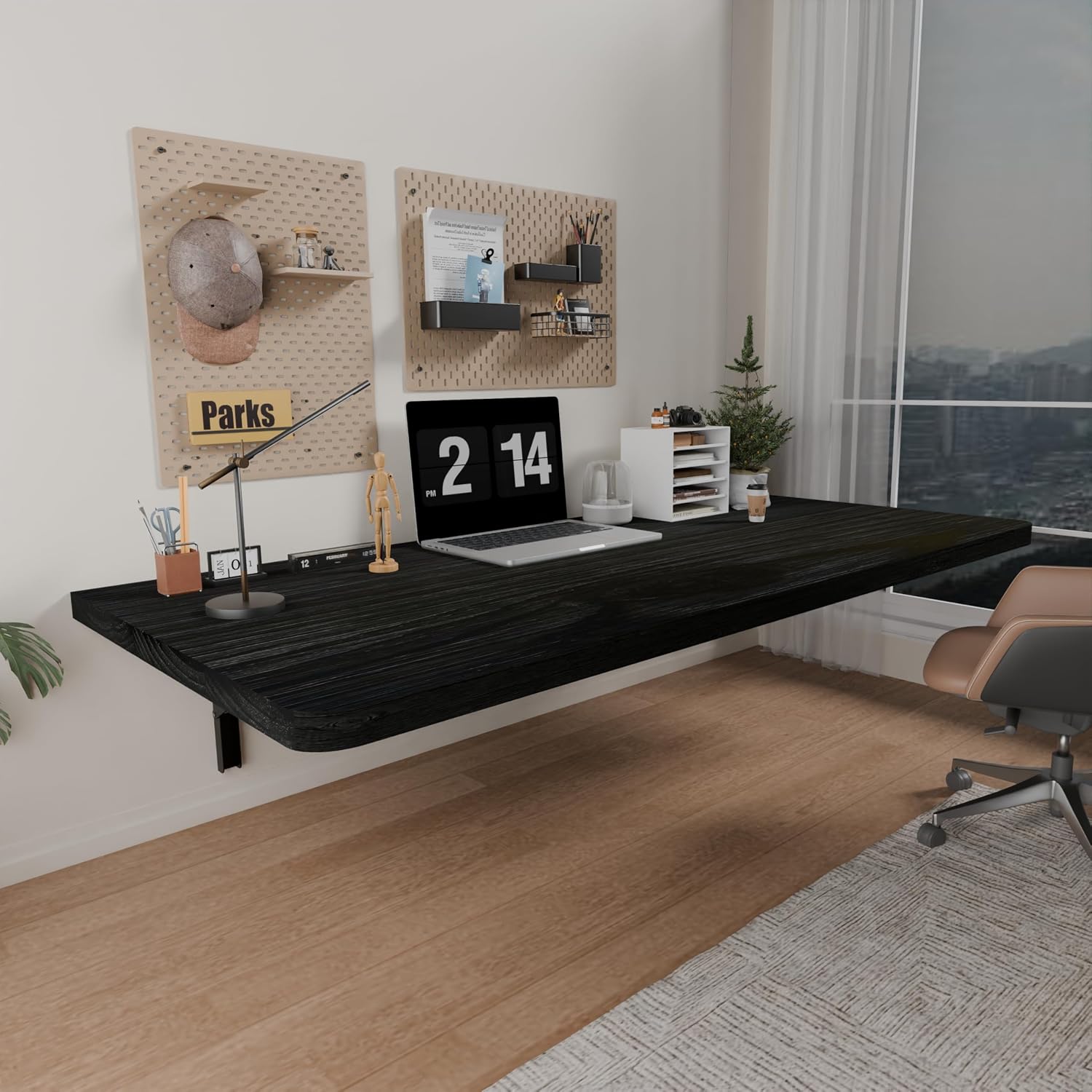 IAE Floating Wall Mounted Folding Table Desk with Pine Wood,48' x 22' Folding Workbench,Fold Down wall Mounted Foldable Desk with Shelf Brackets,Laundry Table for Home,Dining,Office,Kitchen,Black
