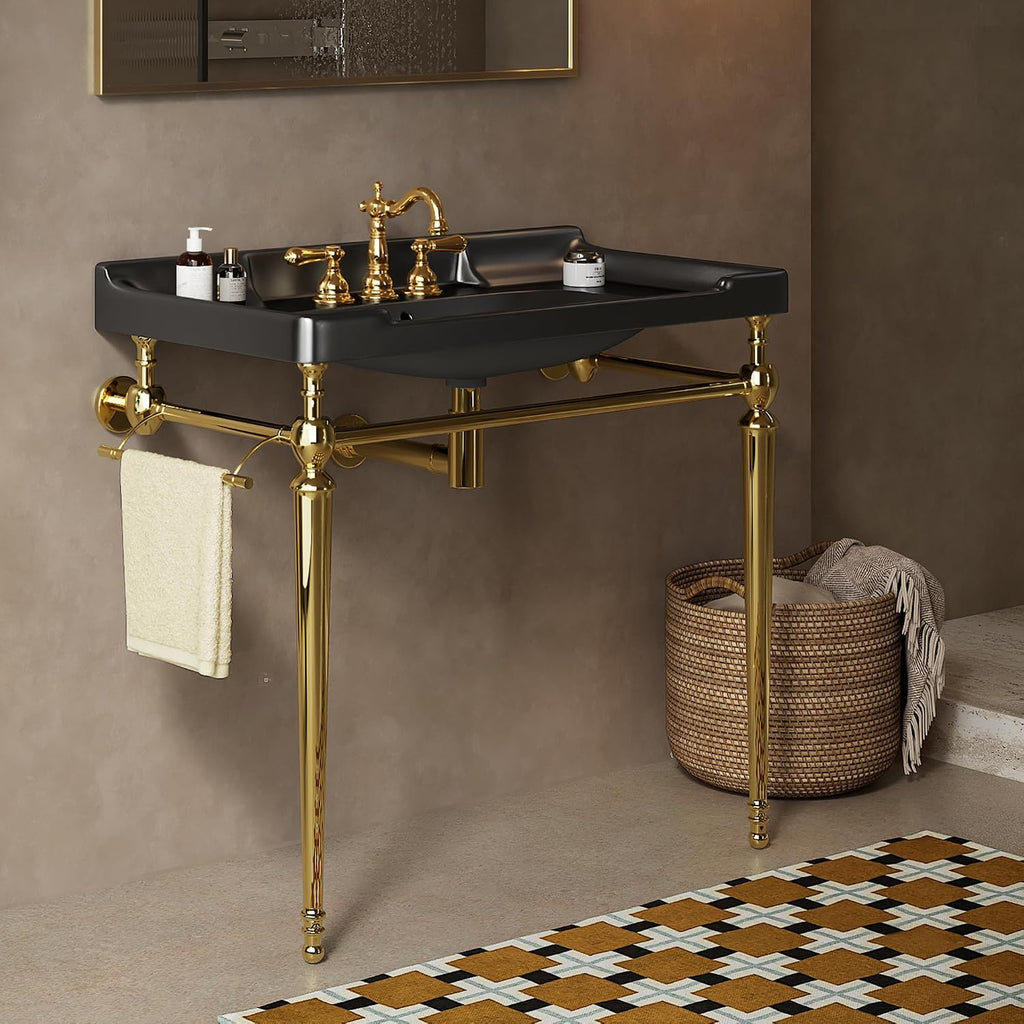 Yayzy 36' Bathroom Vanity with Black Ceramic Sink, Wall-Mounted Console Style, Gold-Finish Stainless Steel Legs & Towel Bar, 3 Faucet Holes, No Faucet