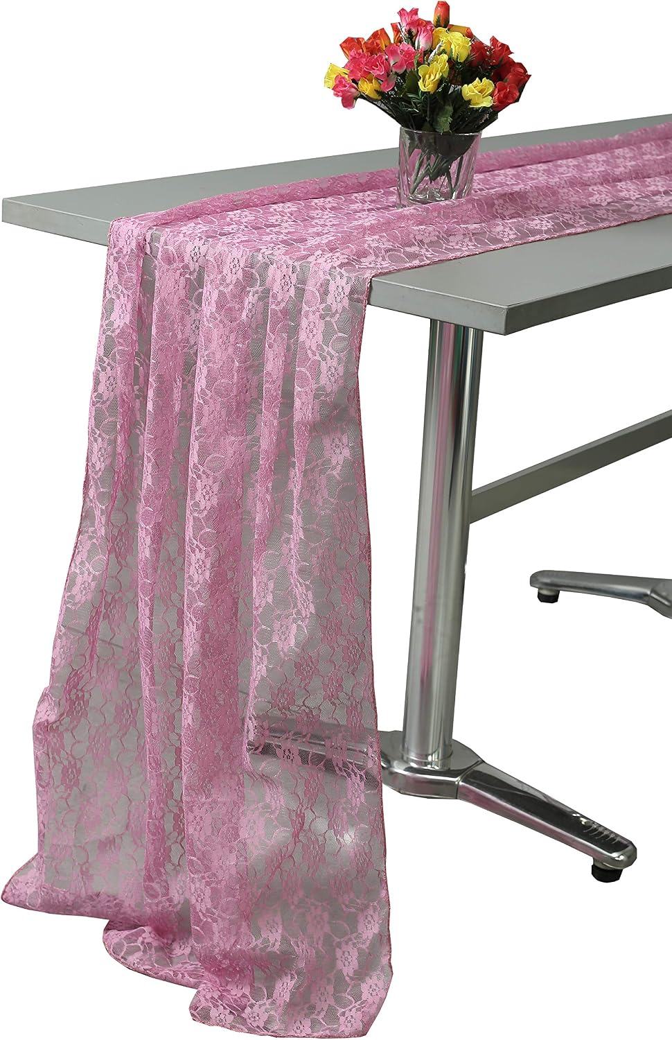 MDS Pack of 15 Wedding 27 x 170 inches Long Sheer lace Table Runner for Wedding Banquets Decorations Birthday Parties, Engagements, Rustic Boho for 14Feet Table Runners - Dusty Pink