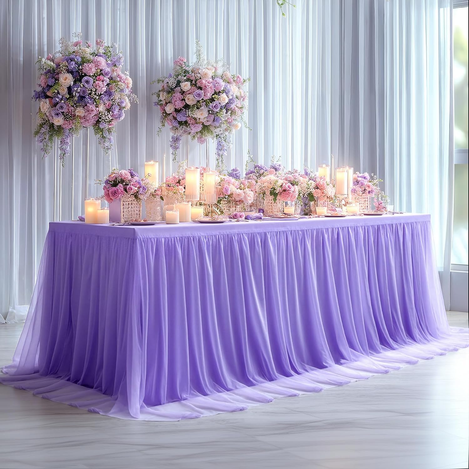 6 Pack Lavender Tulle Tablecloths with Skirt for 6 Foot Rectangle Tables Party Ruffle Tutu Tablecloth 6FT Stretch Fitted Table Cover for Wedding Reception Birthday Baby Shower Celebration Banquet