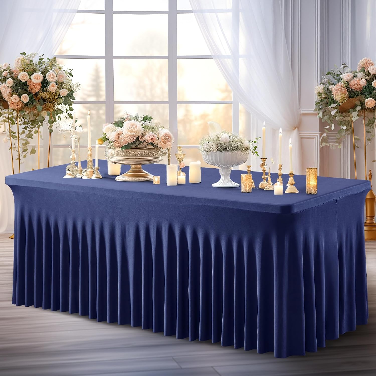 Shillance 6 Packs Navy Blue Spandex Tableclothes for 8 Foot Rectangle Table, Spandex Table Covers 8FT Stretch Table Skirts Wrinkle Free Fitted Tablecover for Event, Wedding, Banquet & Parties