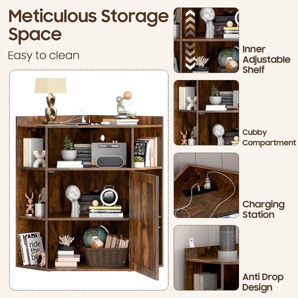 Halitaa Corner Storage Cabinet, Farmhouse Corner Bookshelf with Storage 6-Cubby Wooden Cabinet with USB Ports and Outlets Industrial Organizer for Small Space, Study, Playroom, Living Room