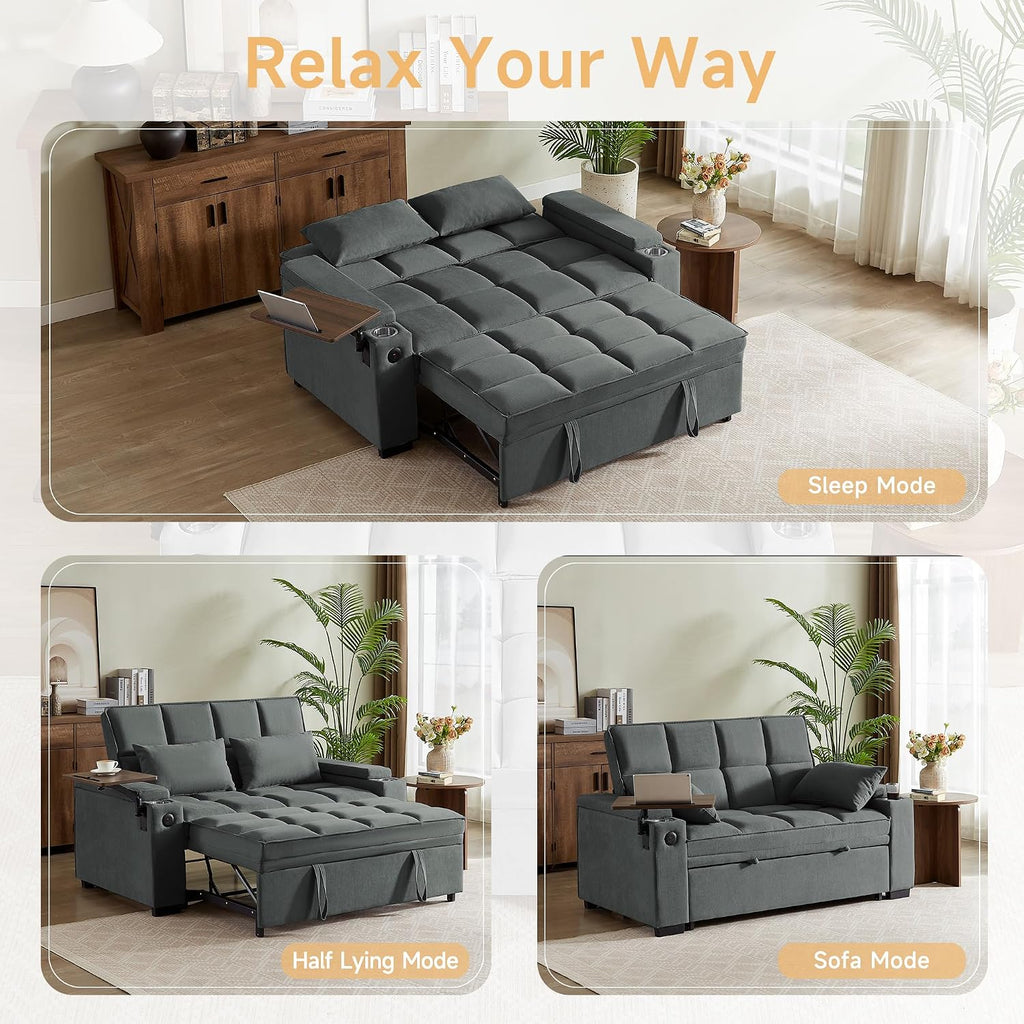 Auvsoce 65'' Chaise Lounge Chair Indoor, 3-in-1 Convertible Sofa Bed with Pull Out Design, 360° Swivel Side Table, Modern Chenille Couch Bed for Living Room