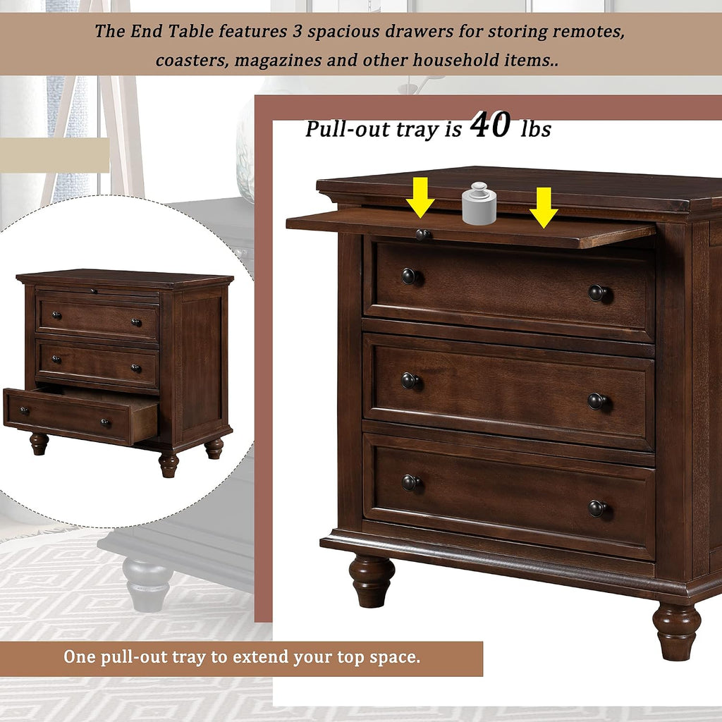 Modern Storage Wood Cabinet with 3-Drawer, Sofa Table Console Table End Table with Pull Out Tray, Accent Table Furniture for Entryway Living Room Bedroom, Fully Assembly Bedside Table (Brown)