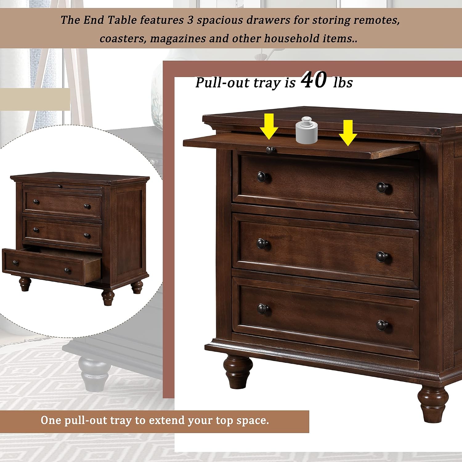 Modern Storage Wood Cabinet with 3-Drawer, Sofa Table Console Table End Table with Pull Out Tray, Accent Table Furniture for Entryway Living Room Bedroom, Fully Assembly Bedside Table (Brown)