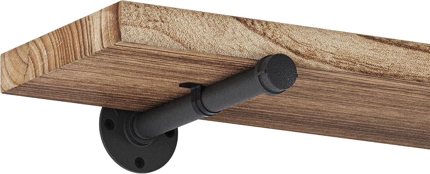 Wallniture Burnt Finish Pipe Wall Shelf - 9.25'' Deep, 1.5'' Thick Solid Wood, Lengths: 48', 60', 72', 84' - Includes Pipe Brackets (84'')