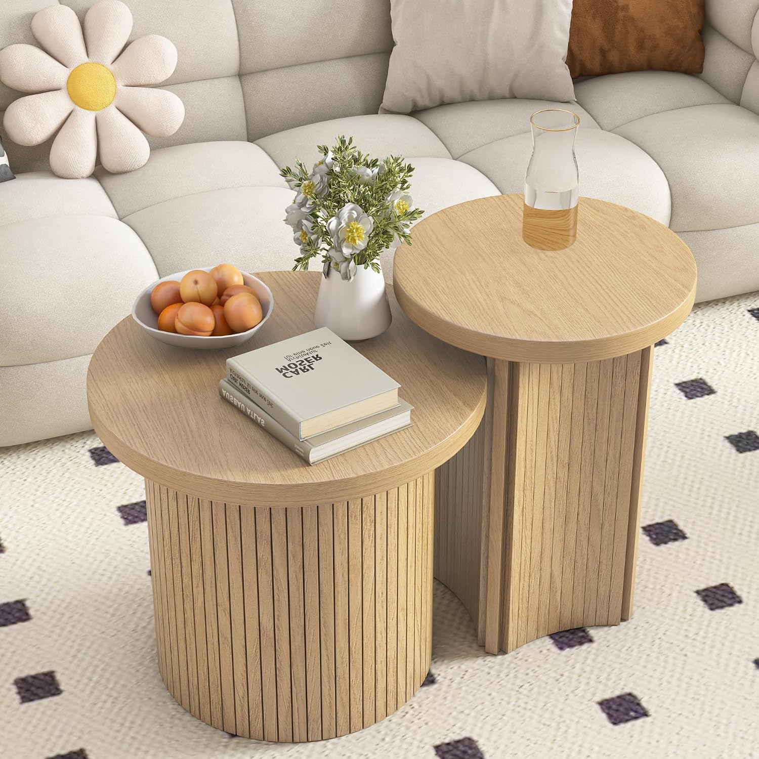 Round Nesting Coffee Table Set, Stackable Small Wood Grain Coffee Tables, Modern Space‑Saving Round Side End Tables for Living Room, Apartment, Bedroom, Small Spaces, Easy Assembly Home Furniture