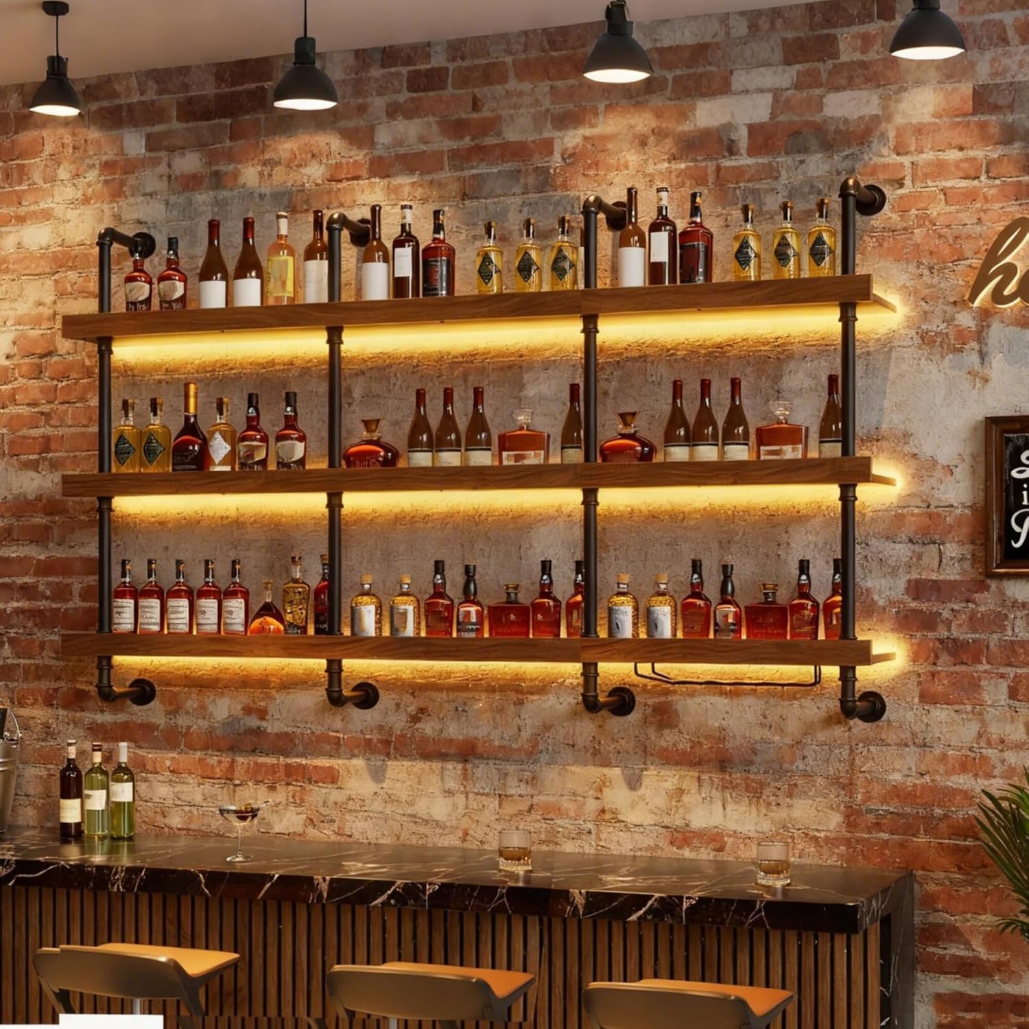 39.7in Large Wine Rack with LED Light Solid Wood Wall Mounted Wine Rack, 3-Tiers Liquor Bottles Floating Shelves Display Storage Organizer for Home Bar & Dining Room (100cm/39.7in)