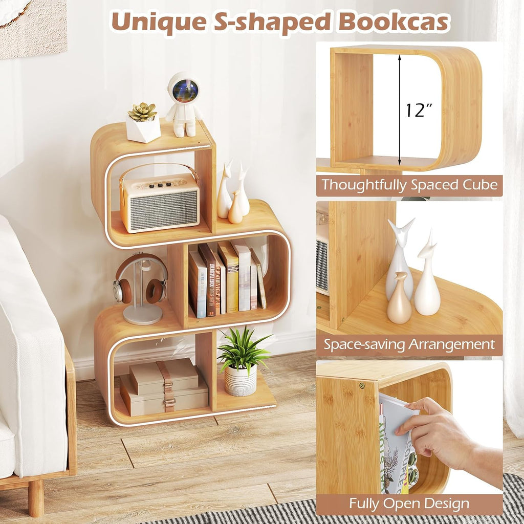 Giantex 3-Tier Bamboo Bookshelf Set of 2, S-Shaped Bookcase with 3 Open Cubes, Geometric Corner Display Shelf, Decorative Storage Organizer, Floor Storage Rack for Living Room, Home Office, Natural