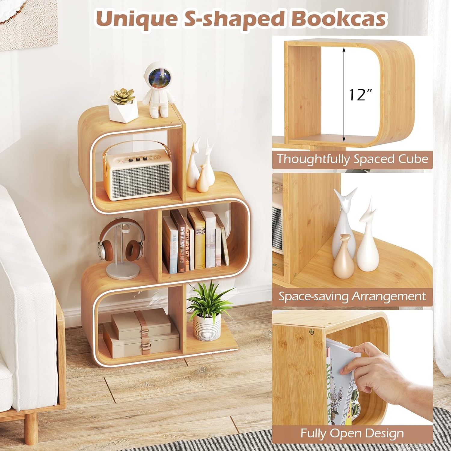Giantex 3-Tier Bamboo Bookshelf Set of 2, S-Shaped Bookcase with 3 Open Cubes, Geometric Corner Display Shelf, Decorative Storage Organizer, Floor Storage Rack for Living Room, Home Office, Natural