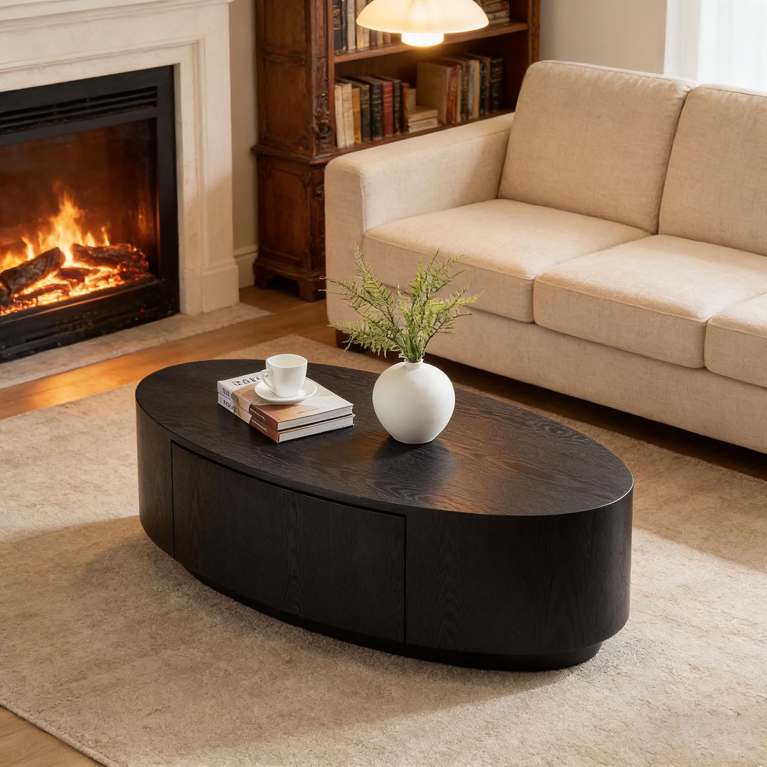 Wooden Oval Coffee Table with Storage Drawer, 47.24' Mid Century Modern Coffee Table, Unique Center Table Accent Sofa Side End Tea Table for Living Room Apartment, Black
