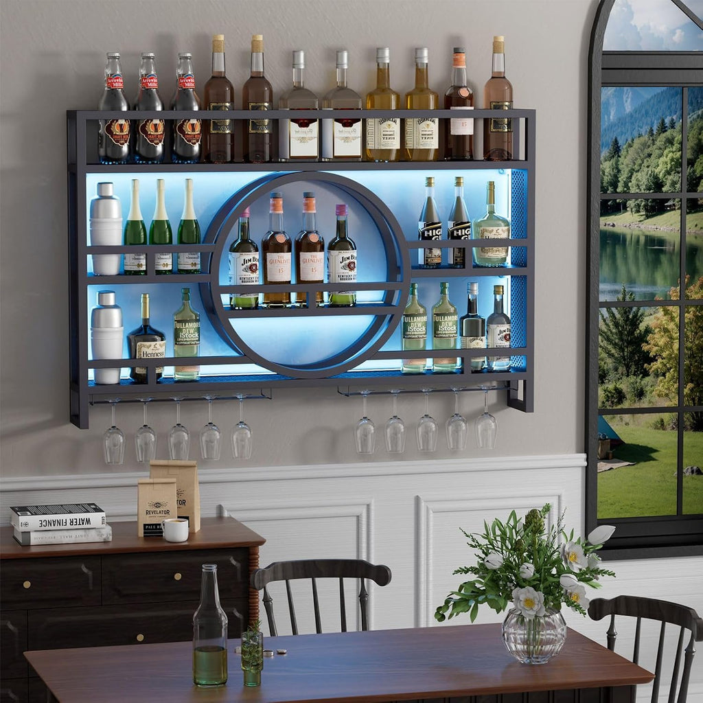 3-Tiers 39in Wine Rack Wall Mounted with Upgarded LED, Floating Bar Shelves with Wine Glass Holder Hanging Industrial Liquor Shelf, Wall-Mounted Wine Racks Cabinets for Home Bar, No Assembly Required