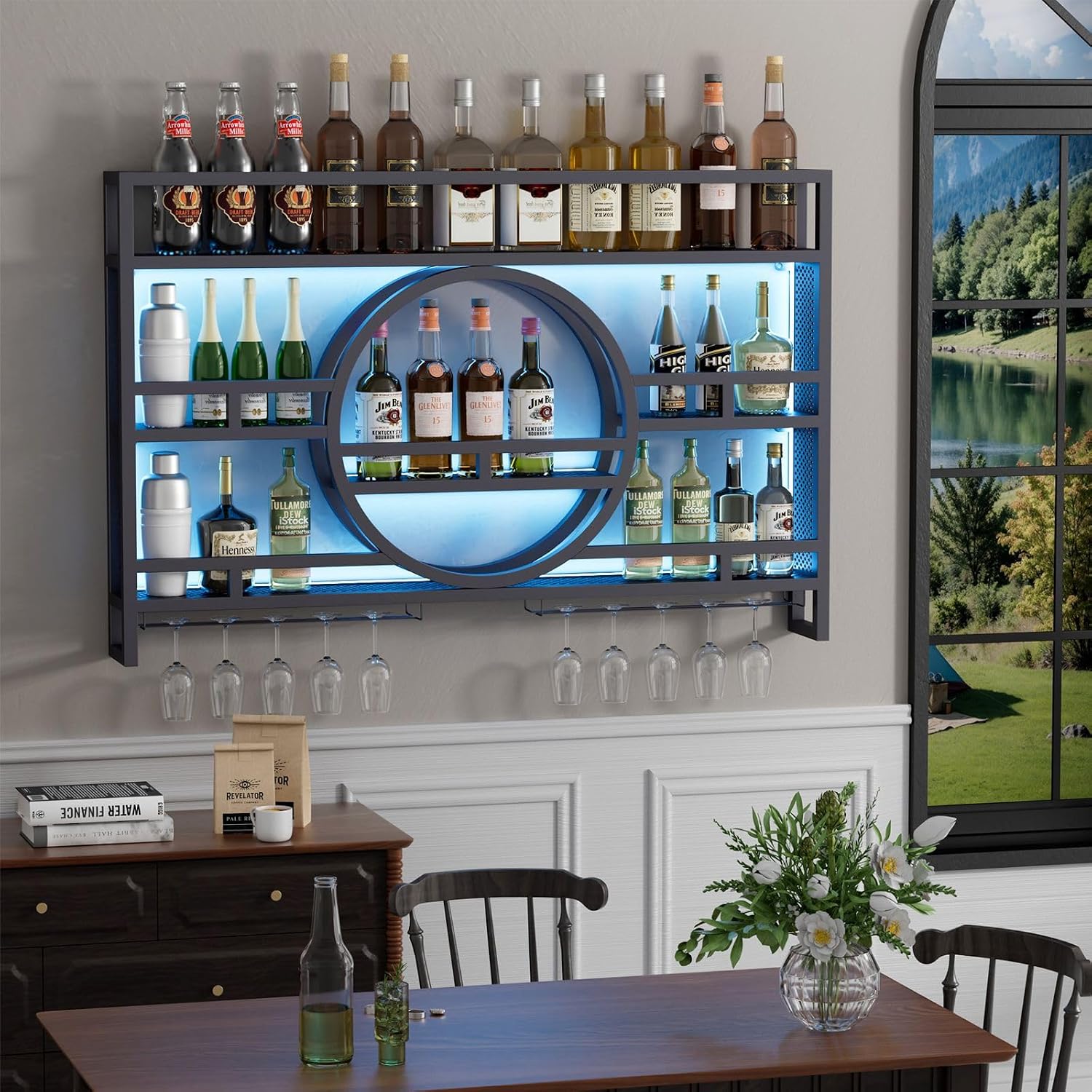 3-Tiers 39in Wine Rack Wall Mounted with Upgarded LED, Floating Bar Shelves with Wine Glass Holder Hanging Industrial Liquor Shelf, Wall-Mounted Wine Racks Cabinets for Home Bar, No Assembly Required