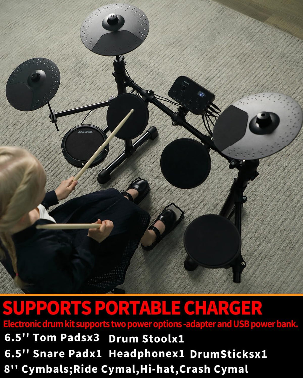 AODSK Electric Drum Set for Beginner with 150 Sounds,4 Quiet Drum Pads,2 Pedal,Throne,Sticks,Electronic Drum with Headphone,AED-400