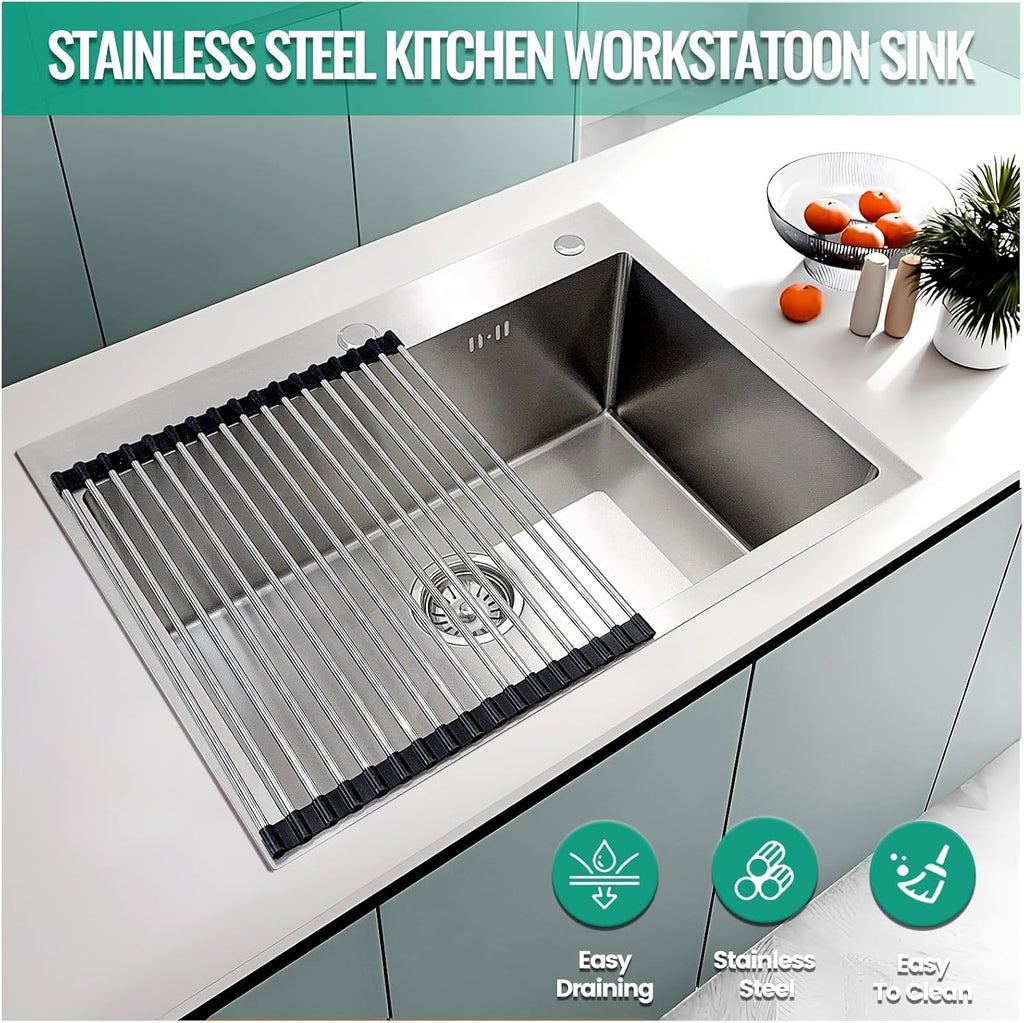 Stainless Steel Kitchen Sink, Small Single Bowl Sink, Topmount Compact Bar/Utility Sink With Tap Hole, Overflow & Drainer Kit, For Bar, Pub, RV, Campervan, Basement, Outdoor Use(Silver,55x45cm)