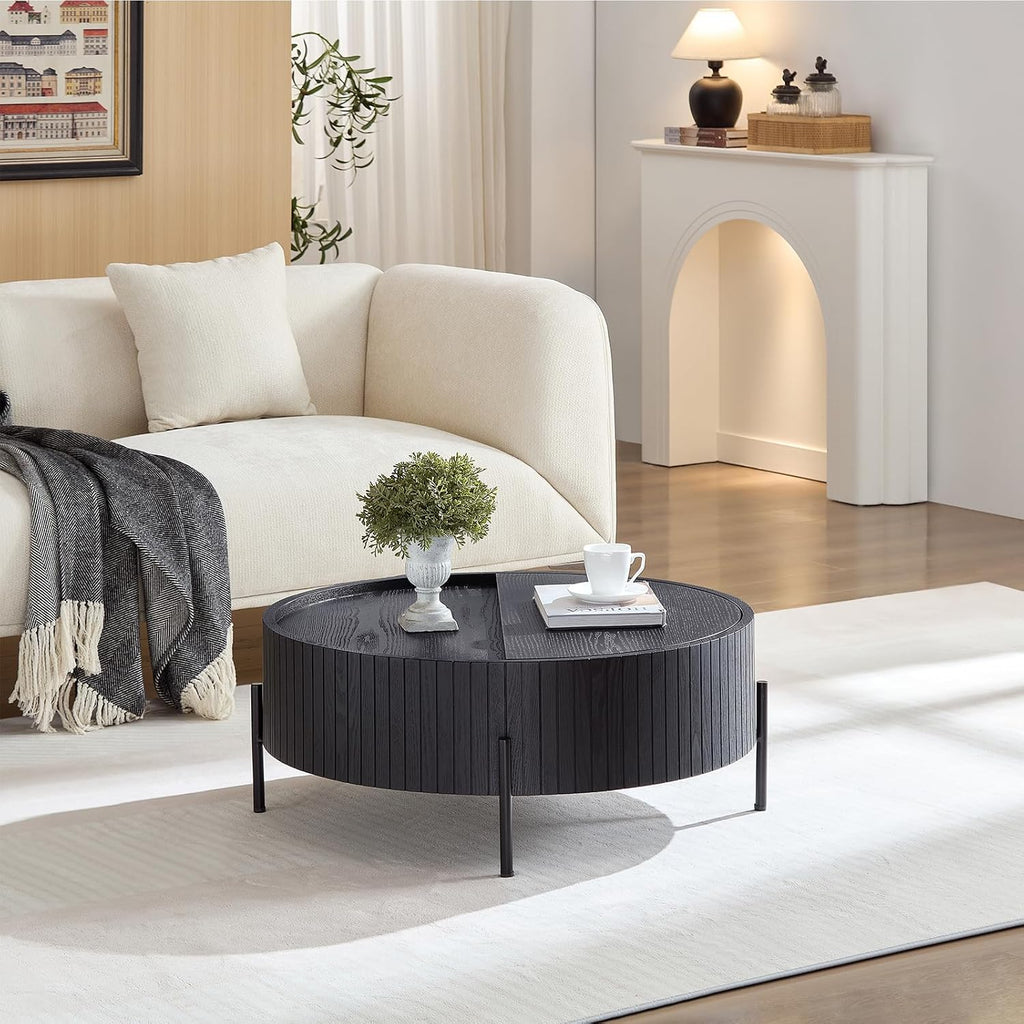 Wooden Round Coffee Table with Storage, 31.49' Mid Century Modern Fluted Coffee Table, Unique Circle Center Table Accent Sofa Side End Tea Table for Living Room Apartment, Black