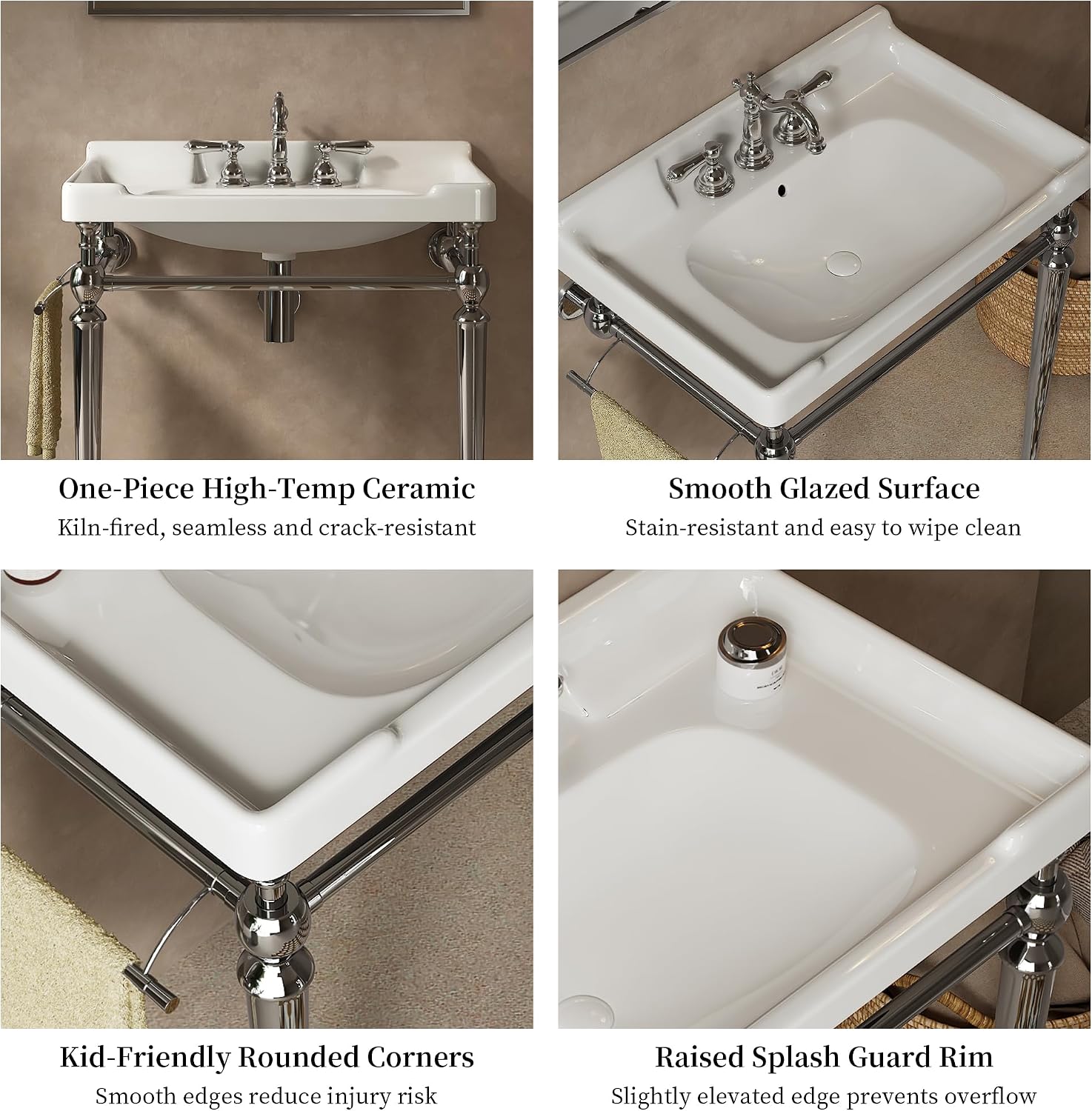 Yayzy 28' Console Bathroom Vanity with White Ceramic Sink, Silver Stainless Steel Legs & Towel Bar, 3 Faucet Holes, No Faucet, Wall-Mounted Support