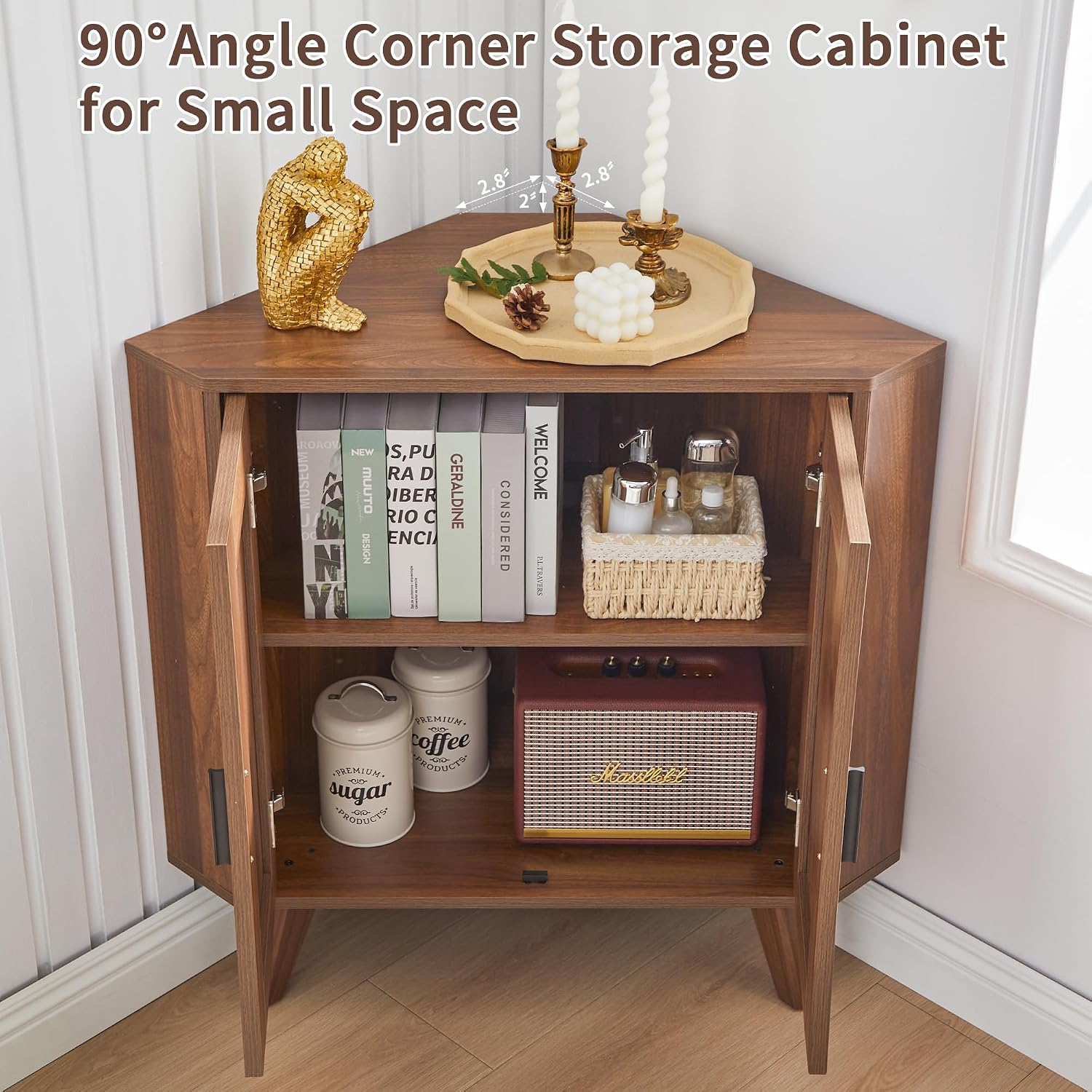BERRYMERRY Fluted Corner Cabinet with Storage,Space Saving Corner Floor Cabinet with Adjustable Shelve & Arched Profile Door for Living Room Kitchen Bathroom (Brown, 15.7'D x 31.5'W x 30.7'H)