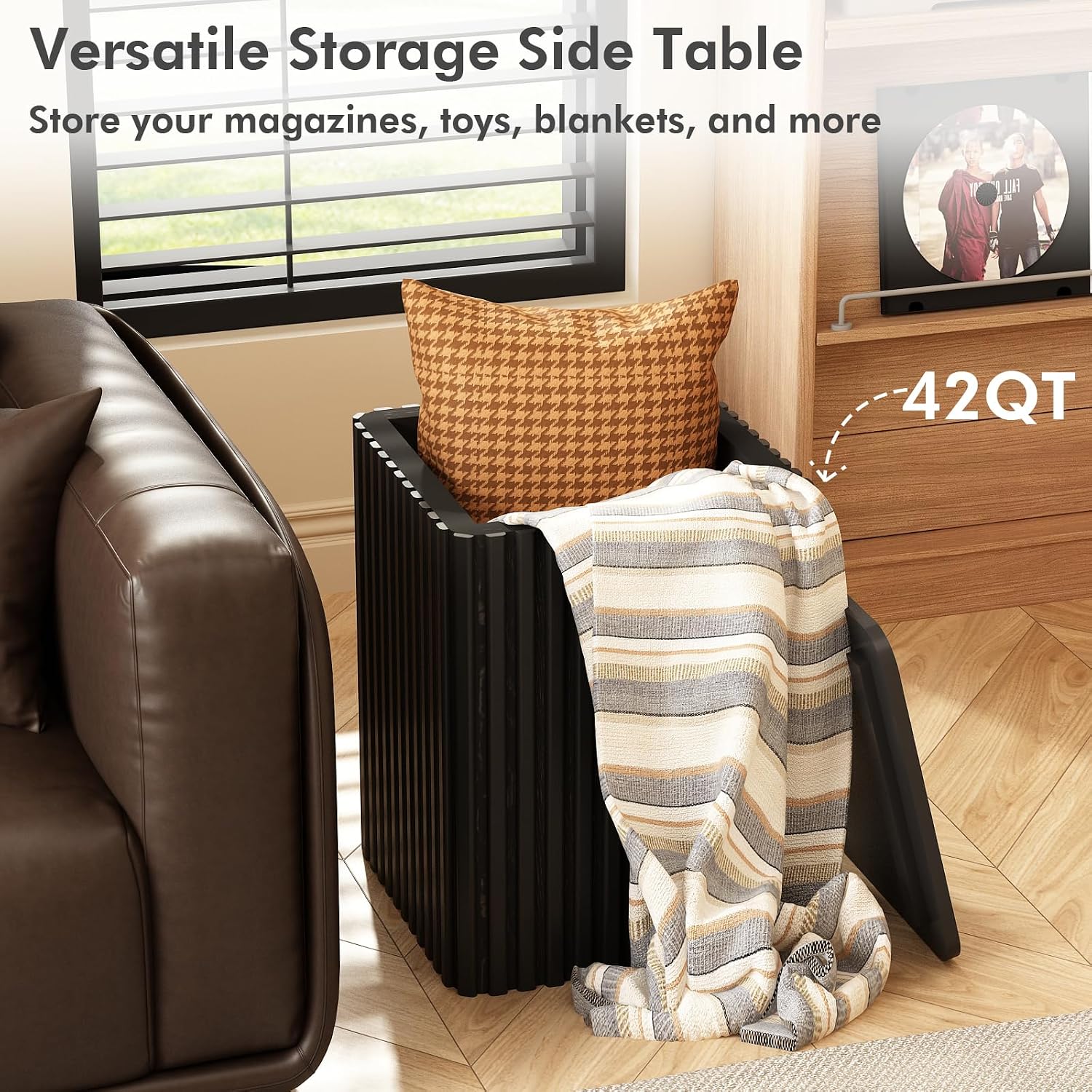 Set of 2 Fluted Side Table with Storage Small Square End Table with Solid Wood Veneer Top Accent Table Modern Farmhouse Pedestal Drink Table for Couch Sofa Living Room,Black