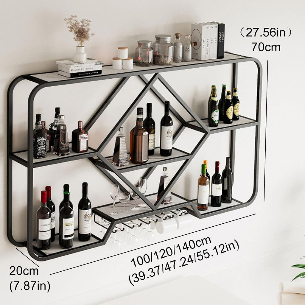 Wine Rack Floating Bar Shelves Wall Mounted Liquor Shelf with LED Light Liquor Bottle Display Shelf with Wine Glass Rack for Liquor Bottles for Home Bar Living Room Restaurant Cafe Kitchen(Black,100cm
