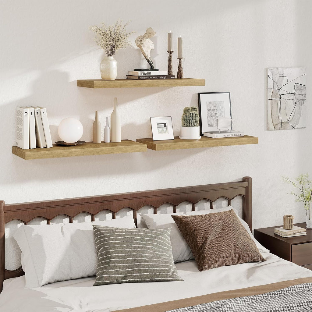 Fun Memories Deep Floating Shelves, 32W x 12D Oak Wall Shelves, 32 Long Rustic Wood Wide Storage Shelves for Bedroom, Kitchen, Farmhouse, Laundry Room, Bedroom, Kitchen, Home Office- Set of 3
