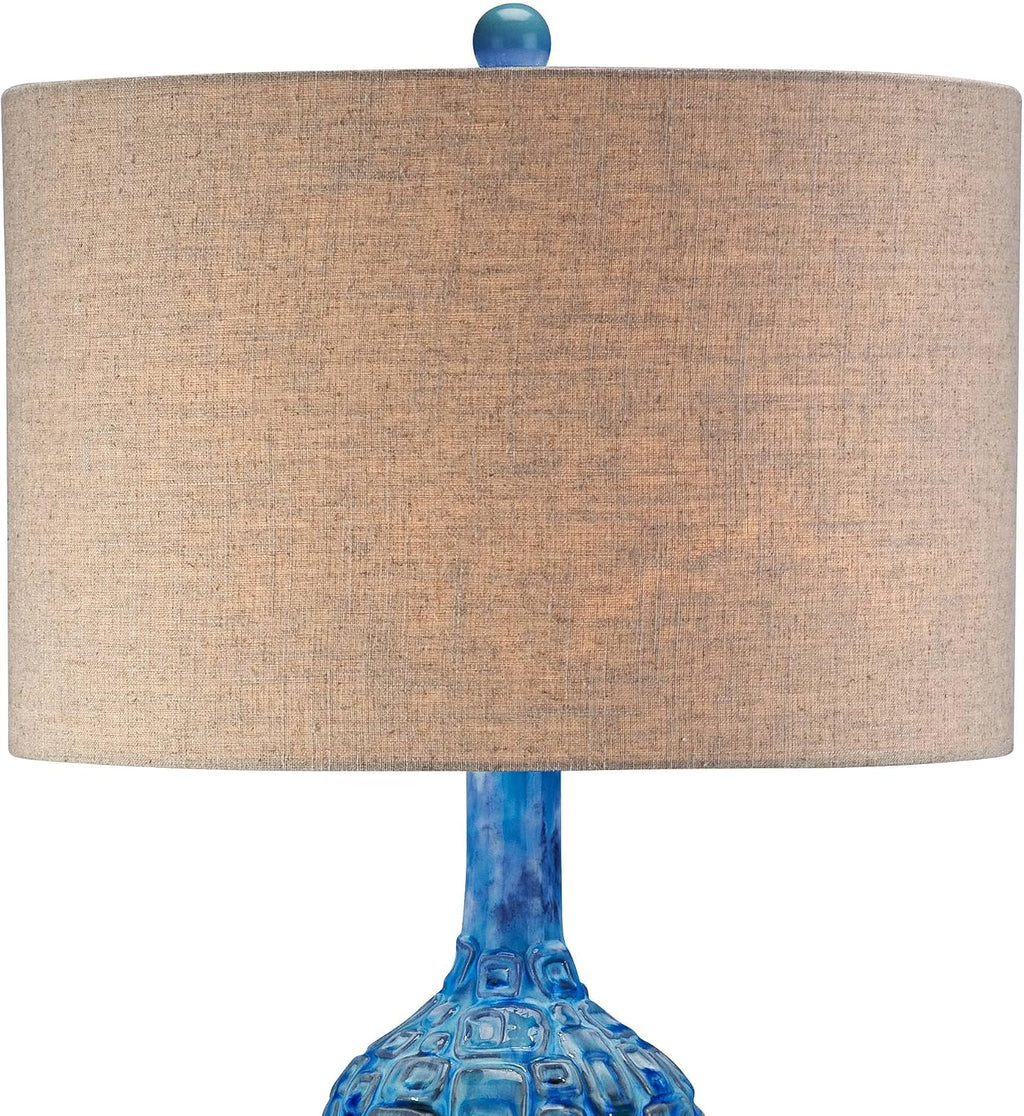 Possini Euro Design Mid Century Modern Style Table Lamp Ceramic Tiled Teal Tall Tan Linen Fabric Drum Shade Decor for Living Room Bedroom House Bedside Home Office Entryway (Colors May Vary)