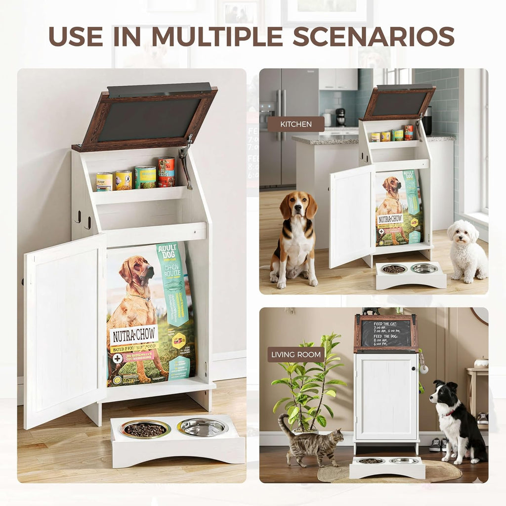 FIMELLO Dog Feeding Station with Storage, Dog Food Cabinet with 2 Hidden Feeding Bowls, Flip-Top Pet Storage Cabinet, Pet Food Holder, White Grain