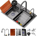 JATIBOSH Black Waterfall Kitchen Sink, Stainless Steel Single Bowl Sink, Drop in/Topmount Workstation Sink Farmhouse Workstation Sink (Color : BK, Size : 68x45CM)