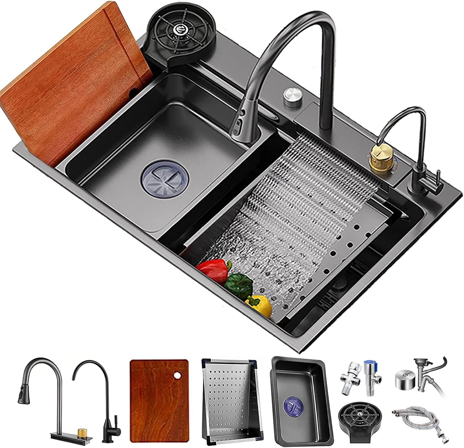 JATIBOSH Black Waterfall Kitchen Sink, Stainless Steel Single Bowl Sink, Drop in/Topmount Workstation Sink Farmhouse Workstation Sink (Color : BK, Size : 68x45CM)