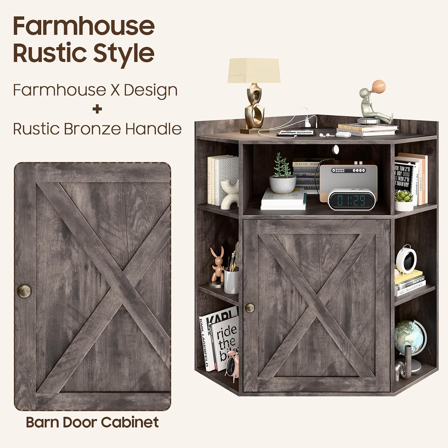 Halitaa Corner Storage Cabinet, Farmhouse Corner Bookshelf with Storage 6-Cubby Wooden Cabinet with USB Ports and Outlets Industrial Organizer for Small Space, Study, Playroom, Living Room