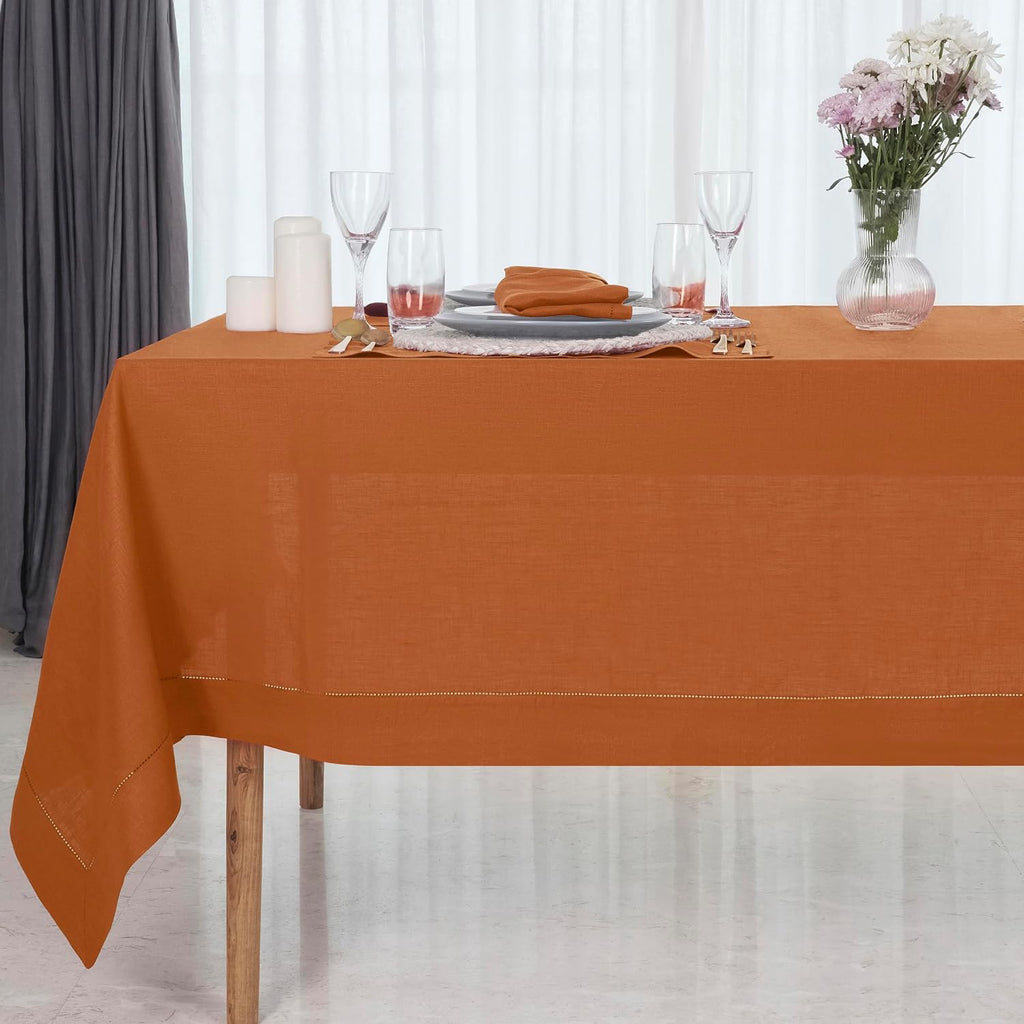 Signature Linen™ by D'Moksha Rust Tablecloth, Rectangle Tablecloth 60 x 102 Inch, 100% Pure Linen, Hemstitch, Machine Washable Table Cloth for Dining- Summer