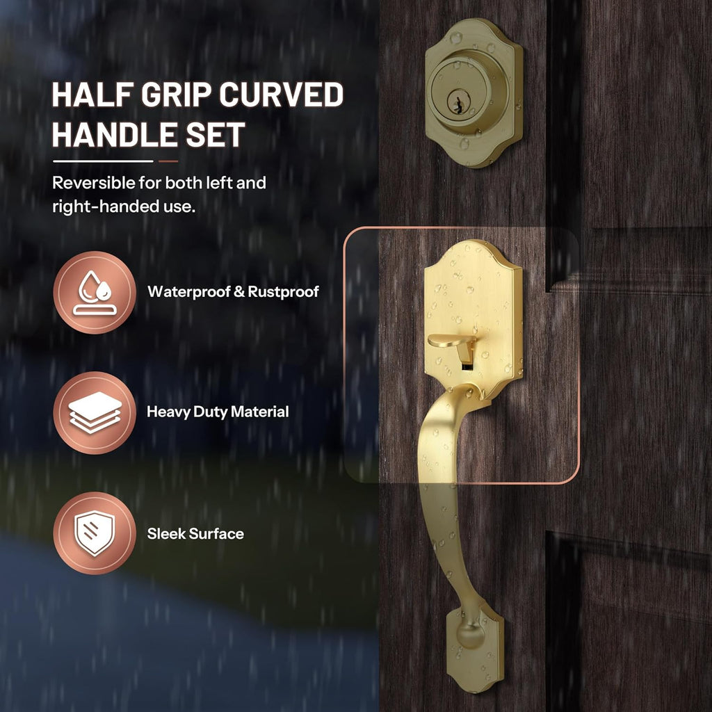 Double Front Door Handle Set with Dummy and Deadbolt, Brushed Gold Entry Front Door Lock Set with Gold Classic Half Grip Curved Door Handle for Exterior Doors or Office, Satin Brass
