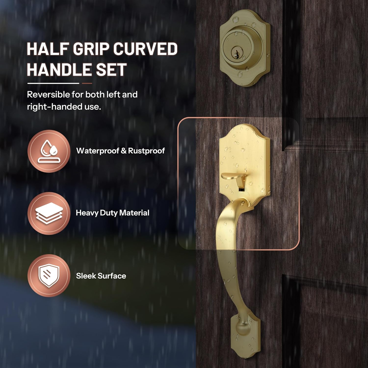 Double Front Door Handle Set with Dummy and Deadbolt, Brushed Gold Entry Front Door Lock Set with Gold Classic Half Grip Curved Door Handle for Exterior Doors or Office, Satin Brass