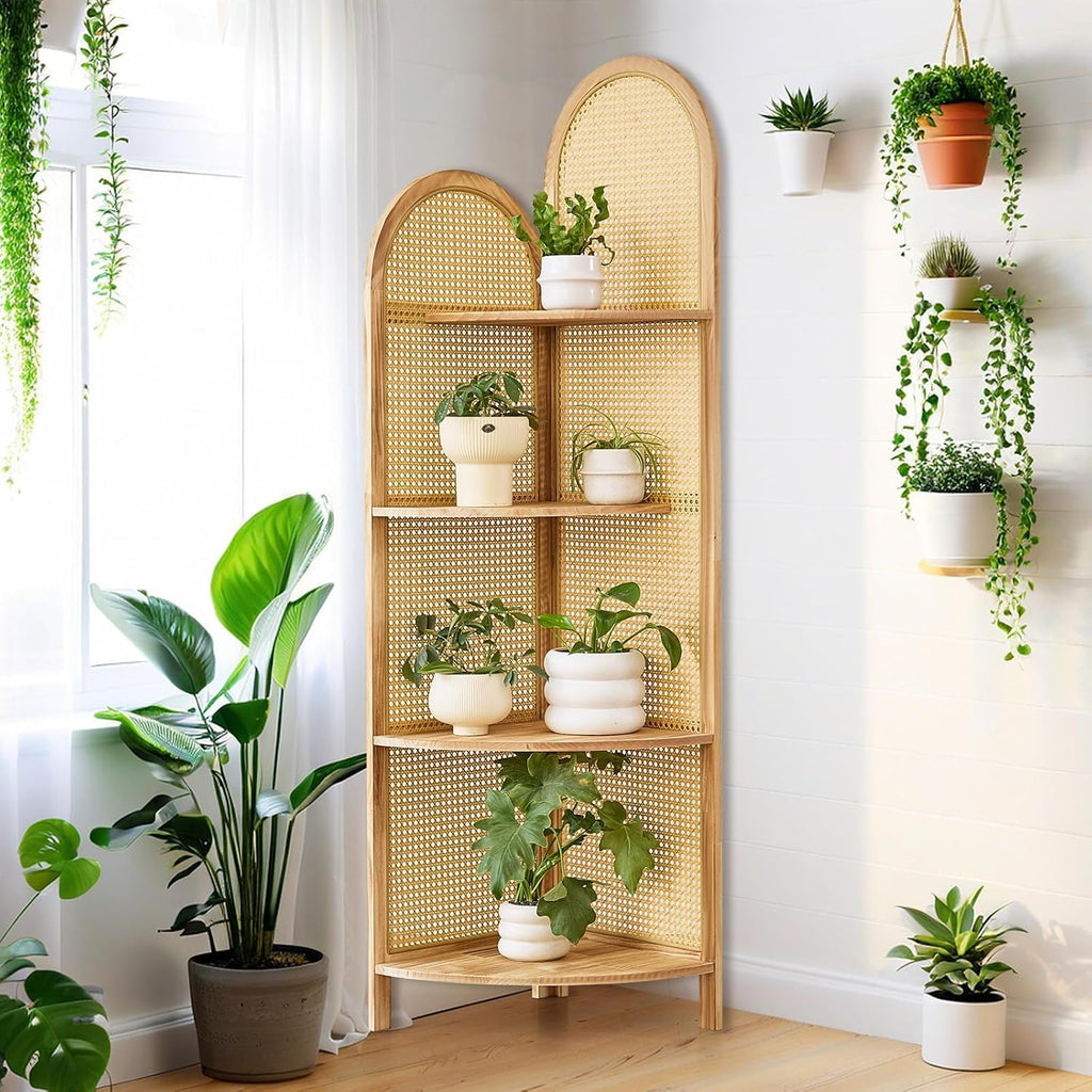 4-Tier Corner Shelf Stand 70' Rattan Corner Shelves Display Shelf Wall Corner Bookshelf with Solid Wood Frame Multi Unit Organizer Rack with Legs for Living Room Decor,Small Space, Natural