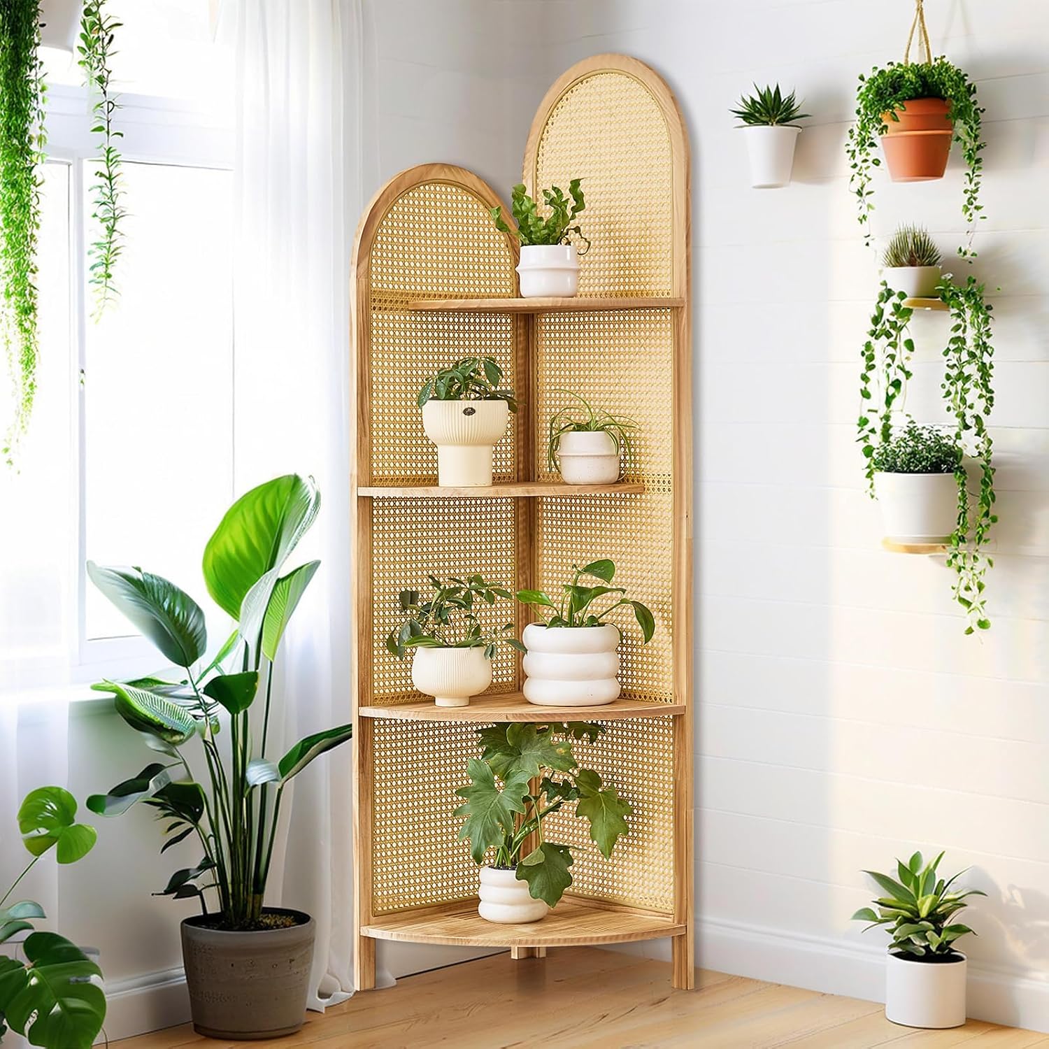 4-Tier Corner Shelf Stand 70' Rattan Corner Shelves Display Shelf Wall Corner Bookshelf with Solid Wood Frame Multi Unit Organizer Rack with Legs for Living Room Decor,Small Space, Natural