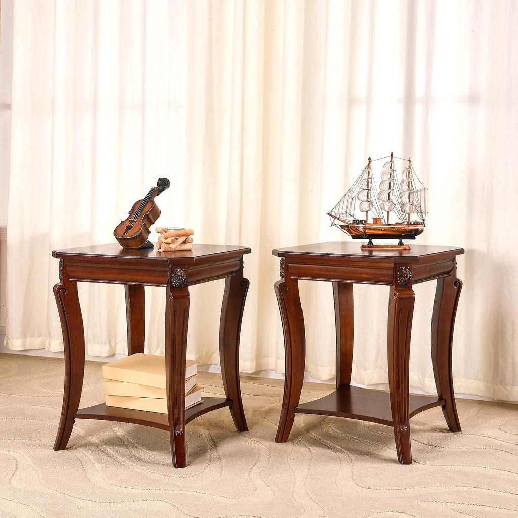 PADMA HOUSE Set of 2 Solid Wood Small End Table with Storage Shelf, Vintage Square Sofa Side Table with Splicing Tabletop and Curved Legs, 2-Tier Bedside Tables Nightstand in Cherry,19.7' Dx23.8 H