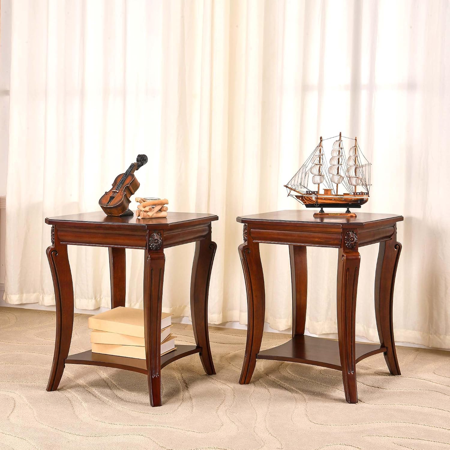 PADMA HOUSE Set of 2 Solid Wood Small End Table with Storage Shelf, Vintage Square Sofa Side Table with Splicing Tabletop and Curved Legs, 2-Tier Bedside Tables Nightstand in Cherry,19.7' Dx23.8 H