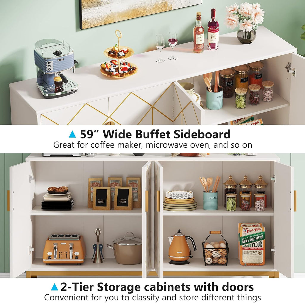 Tribesigns White Gold Storage Cabinet with Door and Adjustable Shelves for Living Room, Modern Floor Cabinets Long Sideboard Buffet Golden Coffee Bar with 4 Doors Metal Frame for Home Office Kitchen