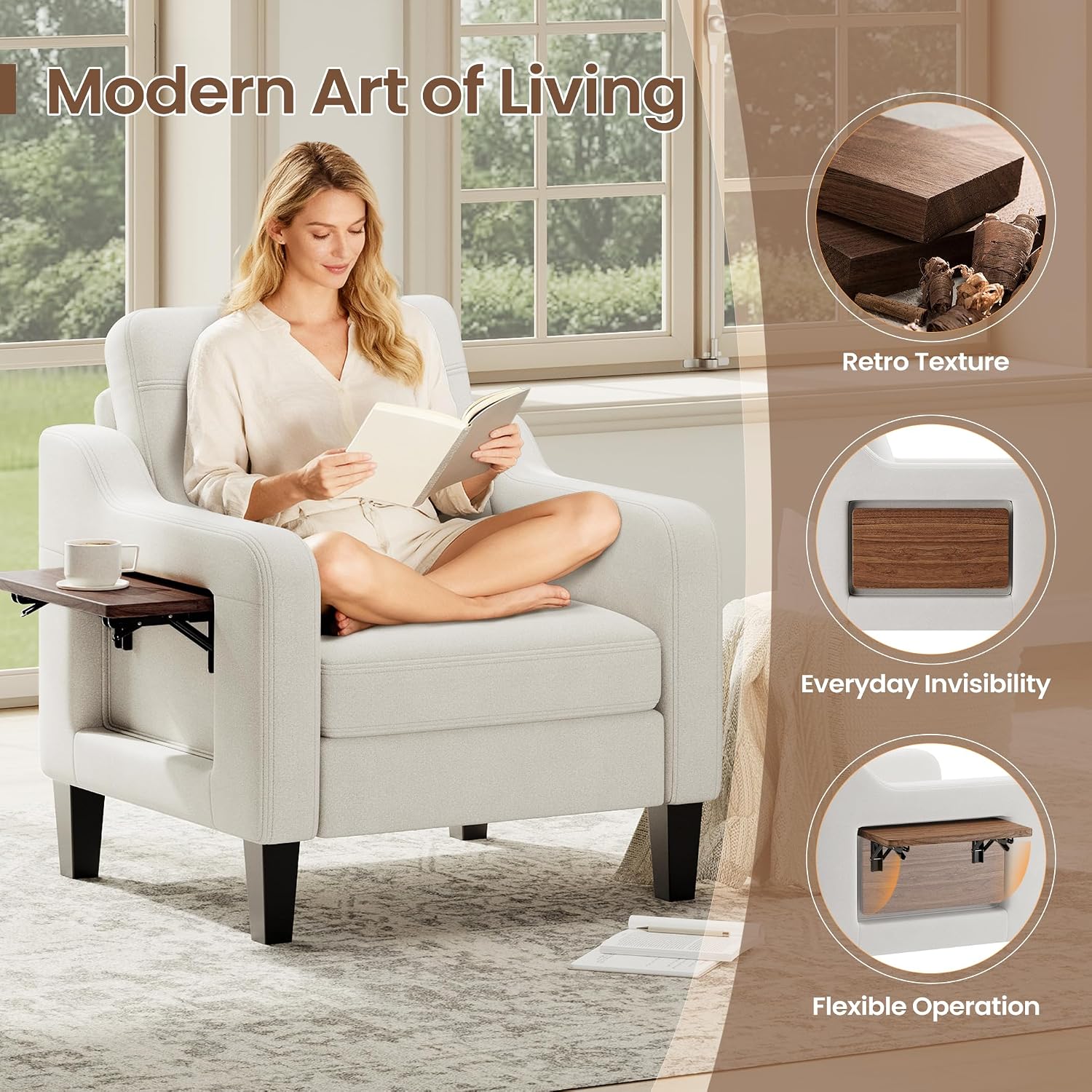 Accent Chair for Living Room Modern Linen Upholstered Armchair Side Wooden Fabric Sofa Chair with Foldable Table 2 Side Pockets Comfy Reading Chair for Bedroom