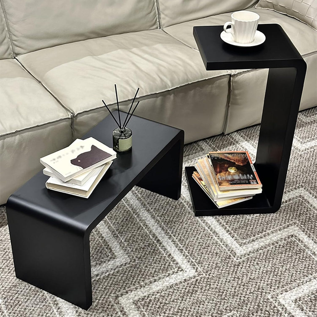 C-Shaped Side Table, Solid Wood End Table for Couch Sofa and Bed, Wooden C Tables for Living Room Bedroom, Small Snack Tray Table for Space Saving (1, 24.4' H-Black)