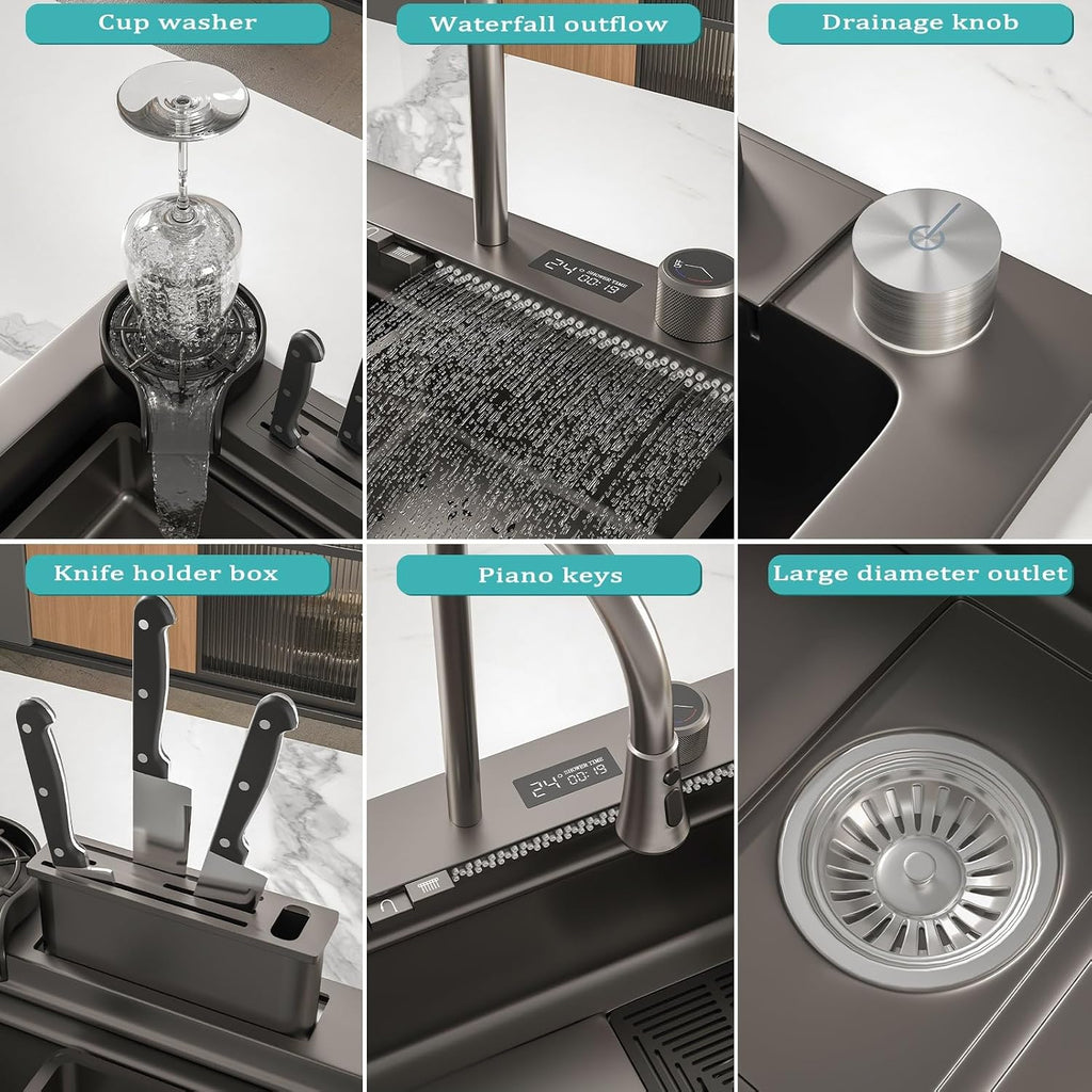 13-Piece Set Waterfall Kitchen Sink Stainless Steel Workstation Single Bowl Sink with Digital Display Pull-Out Faucet, Cup Washer, Control Knobs (Color : Black-Grey, Size : 75x46cm)