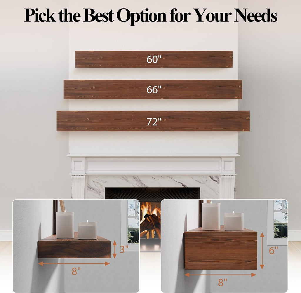 60 Inch Fireplace Mantel Shelf - 8' Deep Solid Wood Floating Mantel for Over Fireplace - 90LBS with Invisible Bracket - Handcrafted TV Decor for Livingroom & Bedroom - Rustic Brown