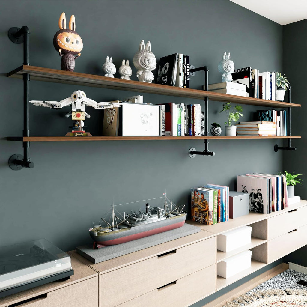 Industrial Pipe Wall Shelves Pipe Shelving with Real Wood Plank ,70 Inches Floating Shelves for Wall Farmhouse Pipe Book Shelves Dark Brown 2 Tier for Kitchen,Living Room Decor and Bar Shelving