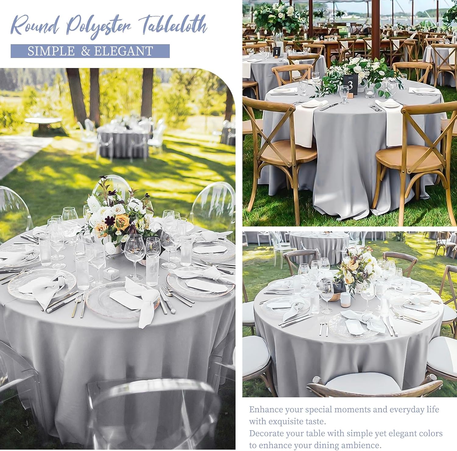 12 Pack Round Tablecloth 120 Inch - Light Grey Polyester Table Cloth for Round Table, Premium Light Grey Tableclothes Washable Fabric Cover for Wedding Party Banquet Restaurant Reception Dining